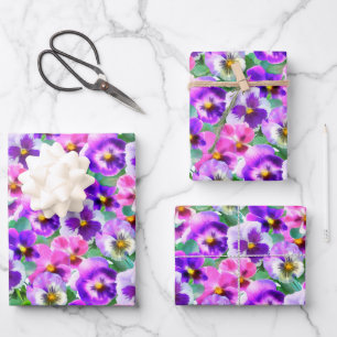 Colorful Violets Pansy Flower Pattern Wrapping Paper Sheets