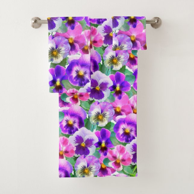 Colorful Violets Pansy Flowers Pattern Bath Towel Set (Insitu)