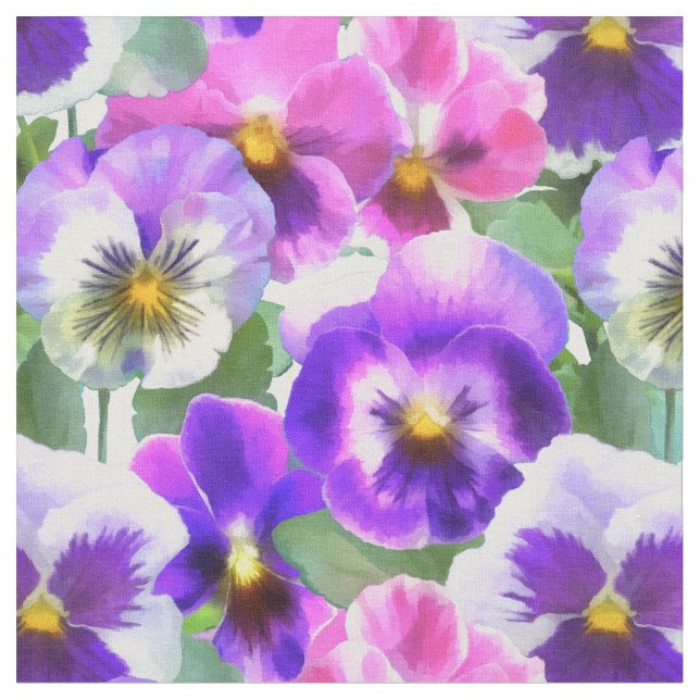 Colorful Violets Pansy Flowers Pattern Fabric (Close Up)