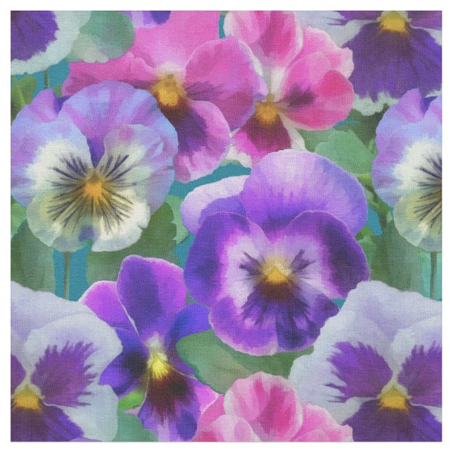Colorful Violets Pansy Flowers Pattern Fabric (Close Up)