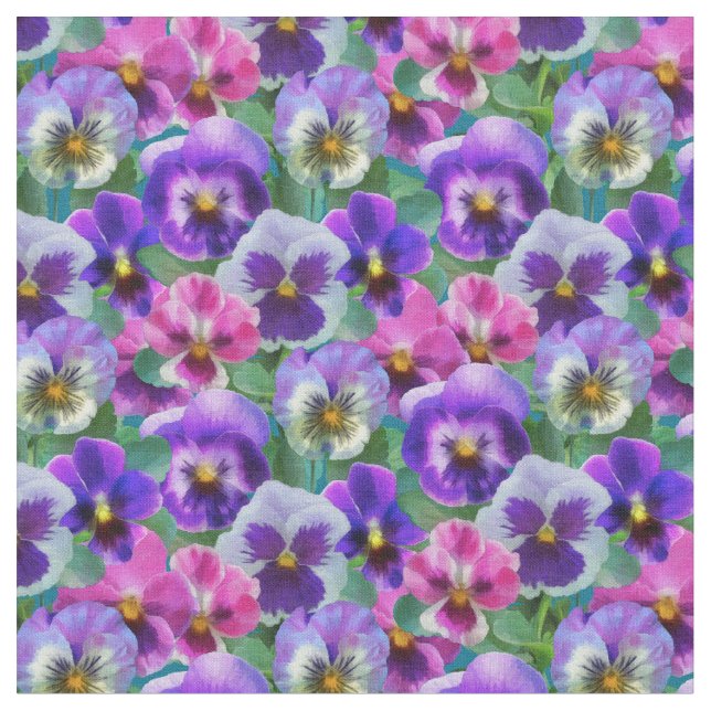Colorful Violets Pansy Flowers Pattern Fabric (Close Up)