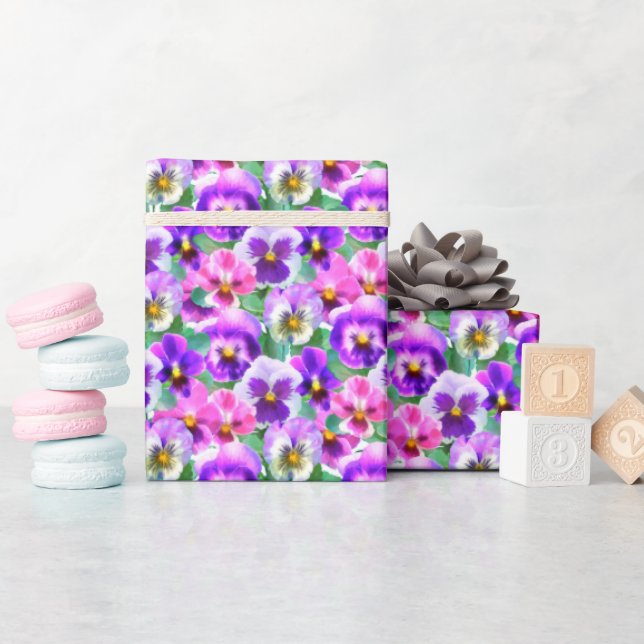 Colorful Violets Pansy Flowers Pattern Wrapping Paper (Baby Shower)