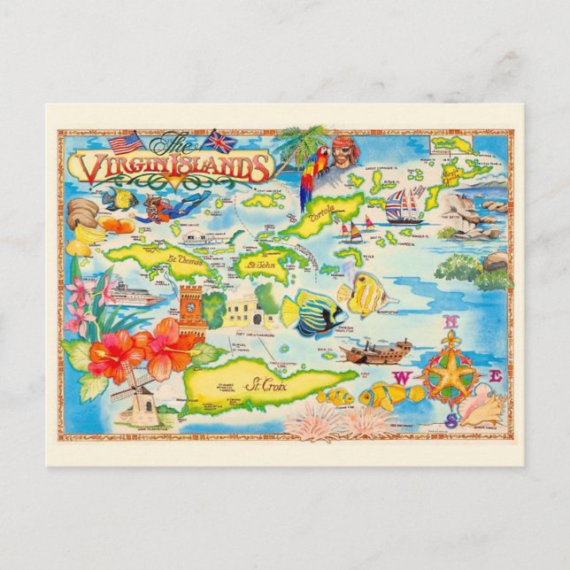Colorful Virgin Islands Map Postcard (Front)