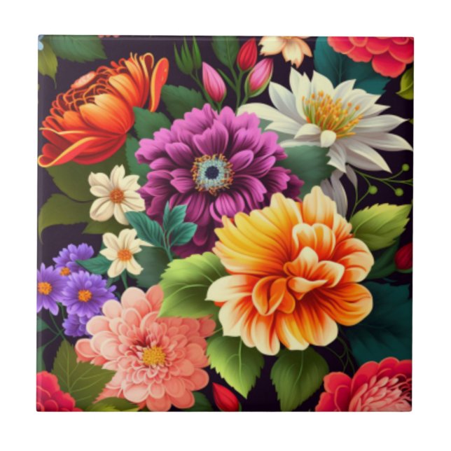 Colorful vivid flowers ceramic tile (Front)