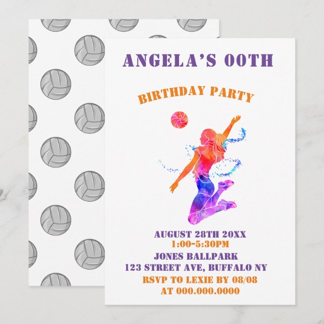Colorful Volleyball Birthday Party Invites (Front/Back)