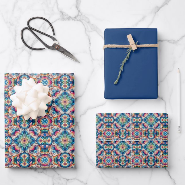 Colorful Vortex Tile Pattern Wrapping Paper Sheets (Front)