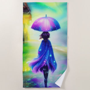 Colorful walk in the rain beach towel