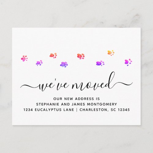 Colorful Walking Paw Prints Modern Script Moving Announcement Postcard