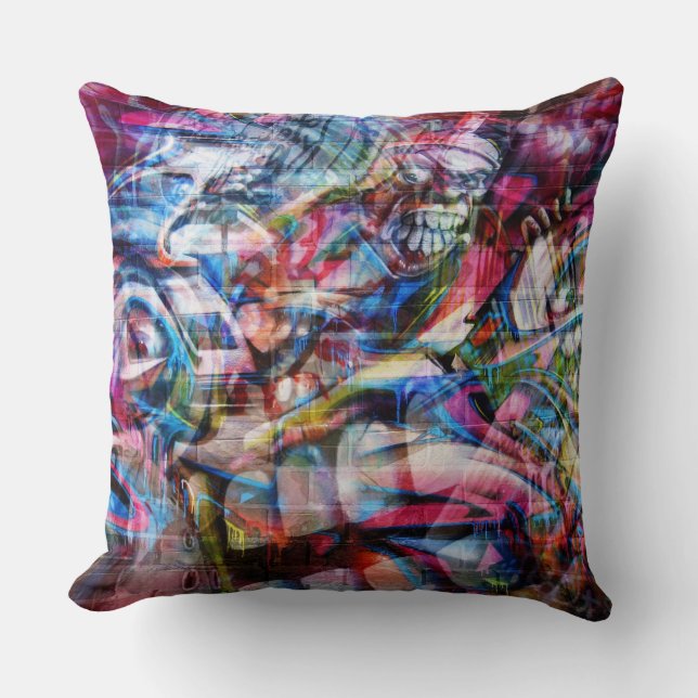 Colorful Wall Graffiti Illustration Throw Pillow (Front)
