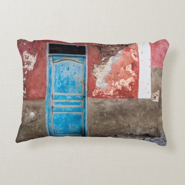 Colorful wall with blue door accent pillow (Back)
