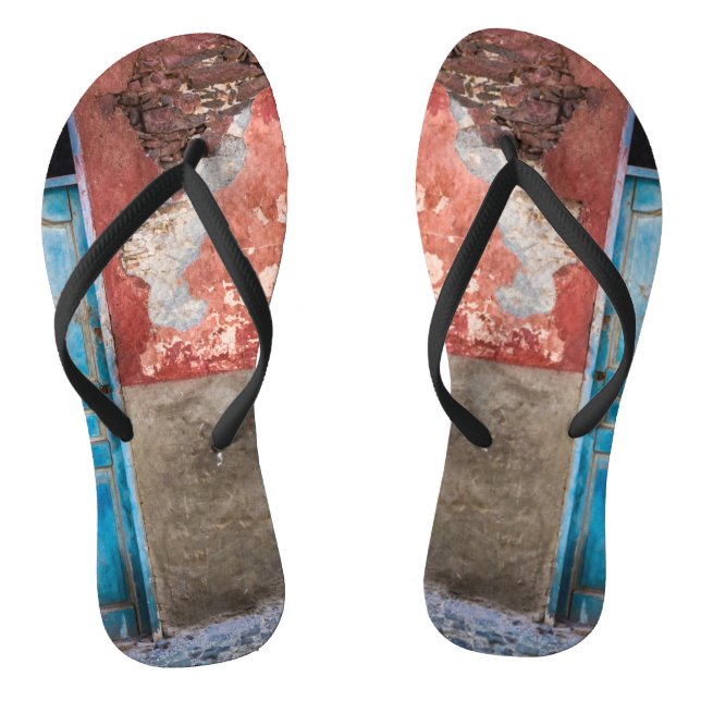 Colorful wall with blue door flip flops (Footbed)