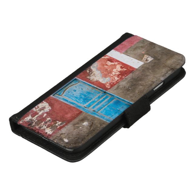 Colorful wall with blue door iPhone wallet case (Bottom)