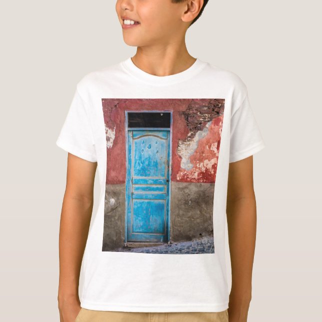 Colorful wall with blue door T-Shirt (Front)