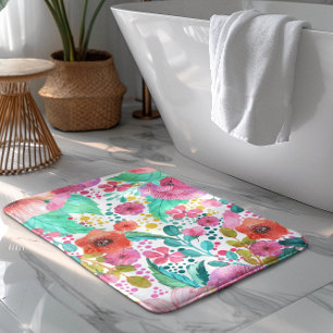Colorful Water Color Floral Pattern Bathroom Mat