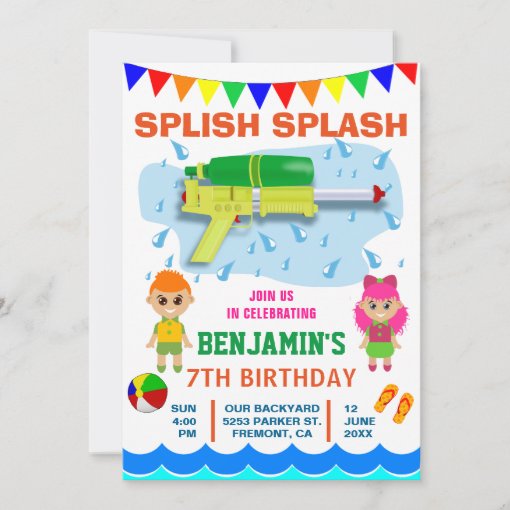 Colorful Water Gun Kids Birthday Party Invitation | Zazzle