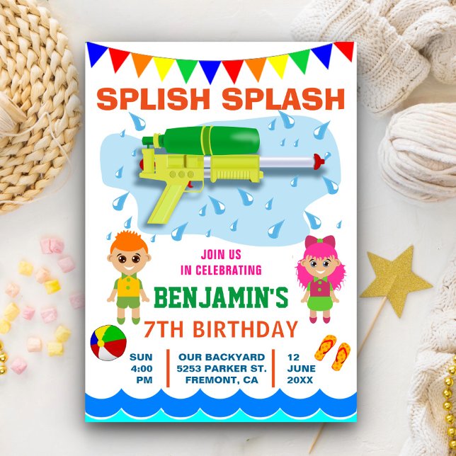 Colorful Water Gun Kids Birthday Party Invitation (Creator Uploaded)