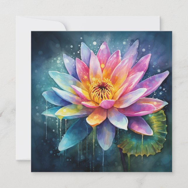 Colorful Water Lily Watercolor Design Note Card (Front)