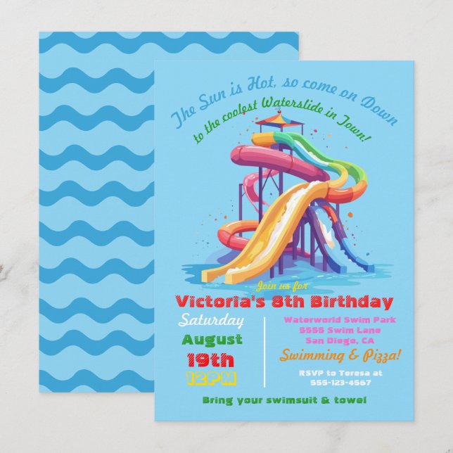 Colorful Water slide Pool birthday party Invitation (Front/Back)