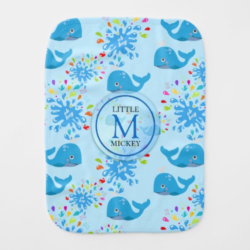 Colorful Water Splash Blue Whale Monogram Pattern Baby Burp Cloth