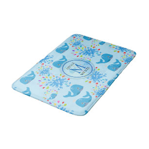 Colorful Water Splash Blue Whale Monogram Pattern Bath Mat
