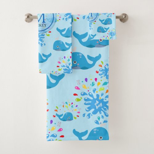 Colorful Water Splash Blue Whale Monogram Pattern Bath Towel Set