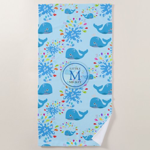 Colorful Water Splash Blue Whale Monogram Pattern Beach Towel