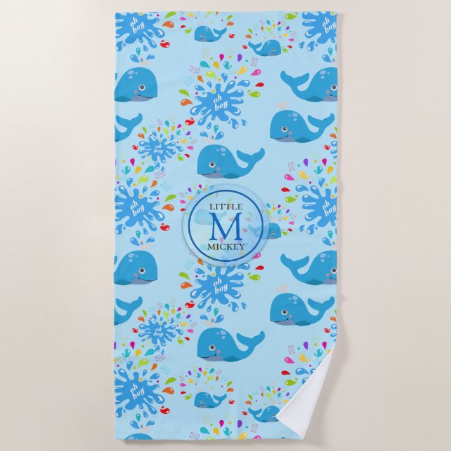 Colorful Water Splash Blue Whale Monogram Pattern Beach Towel (Front)