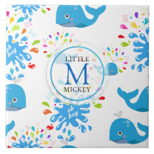 Colorful Water Splash Blue Whale Monogram Pattern Ceramic Tile