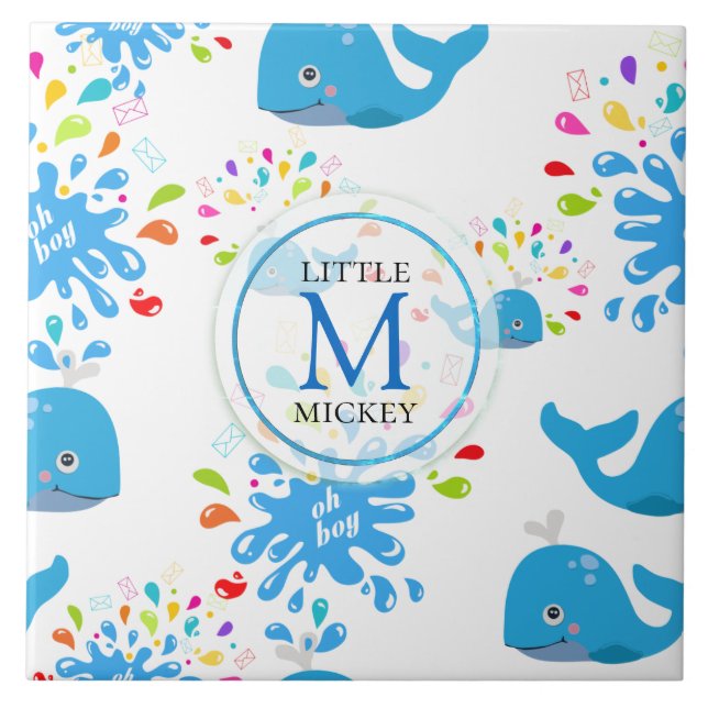 Colorful Water Splash Blue Whale Monogram Pattern Ceramic Tile (Front)