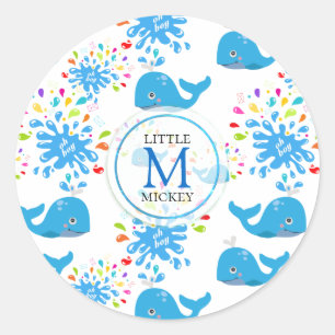 Colorful Water Splash Blue Whale Monogram Pattern Classic Round Sticker