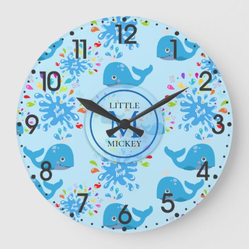 Colorful Water Splash Blue Whale Monogram Pattern Large Clock