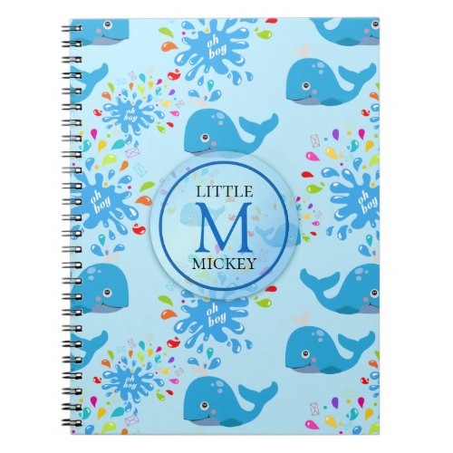 Colorful Water Splash Blue Whale Monogram Pattern Notebook