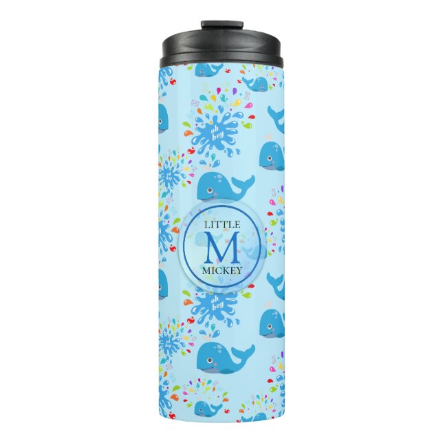 Colorful Water Splash Blue Whale Monogram Pattern Thermal Tumbler (Front)