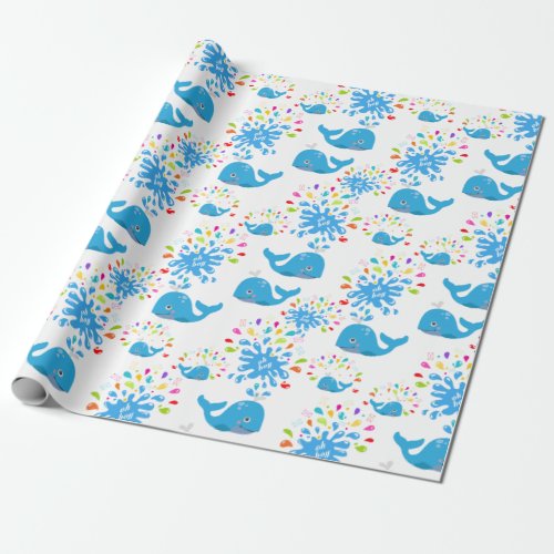 Colorful Water Splash Blue Whale Pattern Wrapping Paper