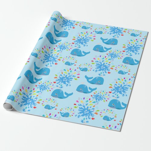 Colorful Water Splash Blue Whale Pattern Wrapping Paper
