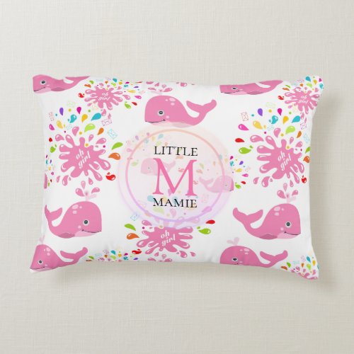 Colorful Water Splash Pink Whale Monogram Pattern Accent Pillow