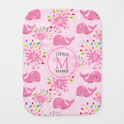 Colorful Water Splash Pink Whale Monogram Pattern Baby Burp Cloth