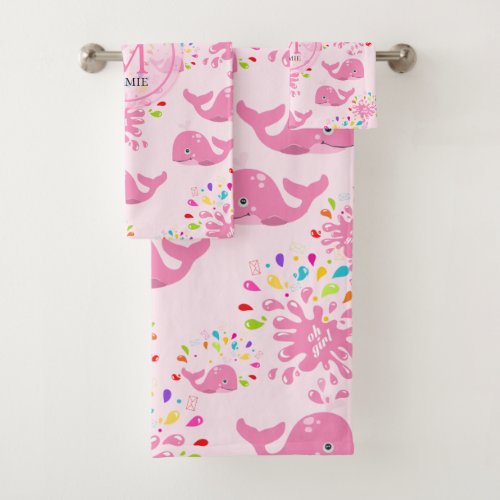 Colorful Water Splash Pink Whale Monogram Pattern Bath Towel Set