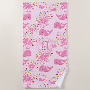 Colorful Water Splash Pink Whale Monogram Pattern Beach Towel