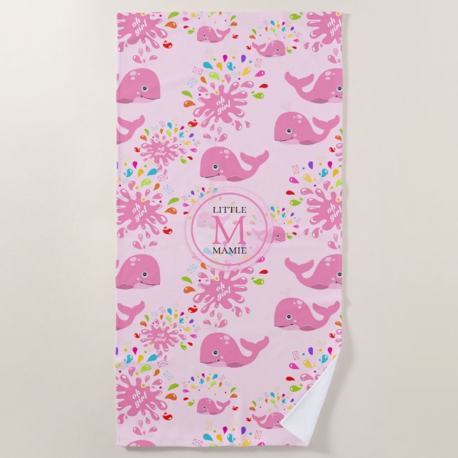 Colorful Water Splash Pink Whale Monogram Pattern Beach Towel (Front)