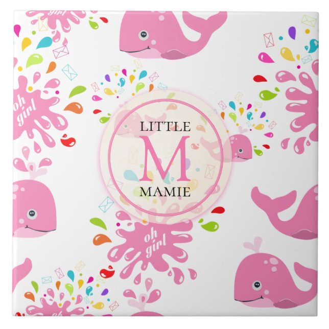 Colorful Water Splash Pink Whale Monogram Pattern Ceramic Tile (Front)