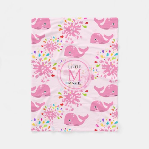 Colorful Water Splash Pink Whale Monogram Pattern Fleece Blanket