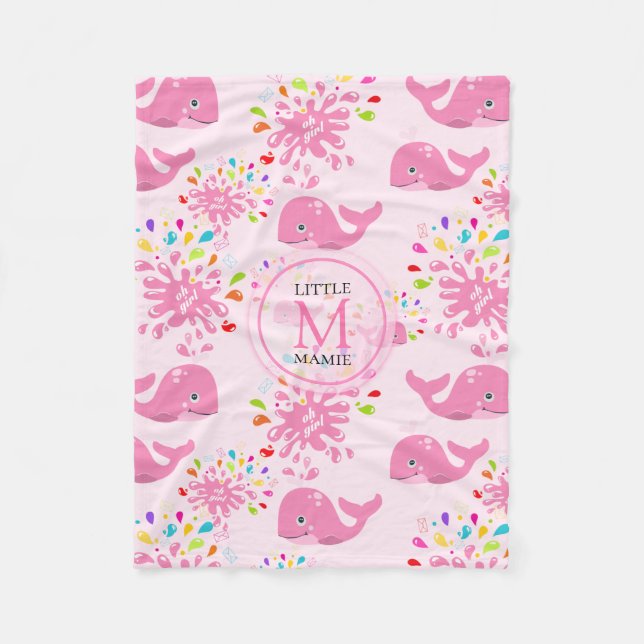 Colorful Water Splash Pink Whale Monogram Pattern Fleece Blanket (Front)