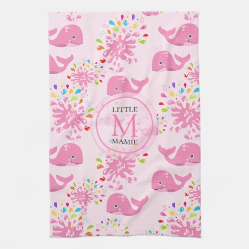 Colorful Water Splash Pink Whale Monogram Pattern Kitchen Towel