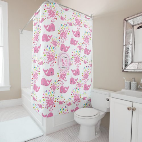 Colorful Water Splash Pink Whale Monogram Pattern Shower Curtain