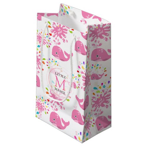 Colorful Water Splash Pink Whale Monogram Pattern Small Gift Bag