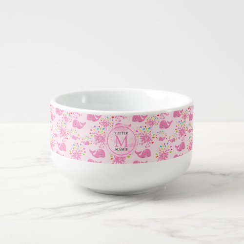 Colorful Water Splash Pink Whale Monogram Pattern Soup Mug