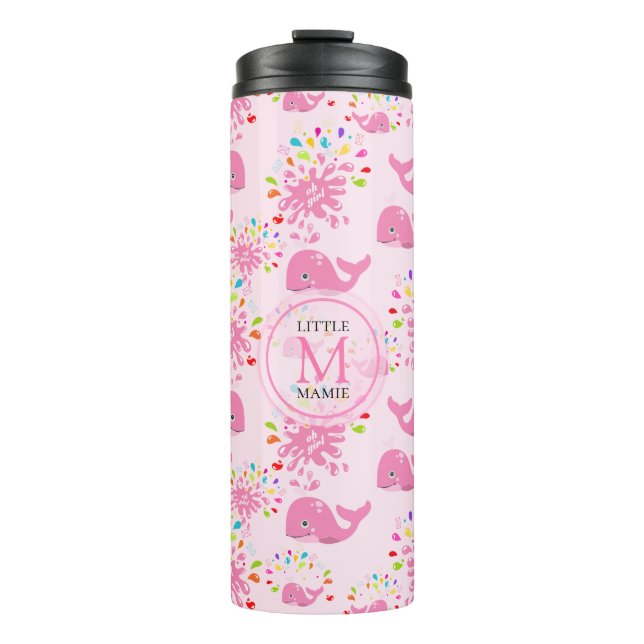 Colorful Water Splash Pink Whale Monogram Pattern Thermal Tumbler (Front)