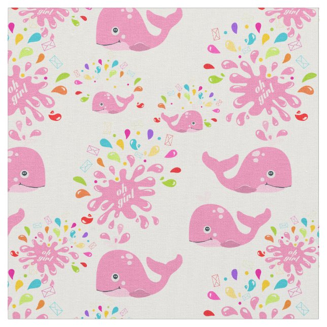 Colorful Water Splash Pink Whale Pattern Fabric (Close Up)