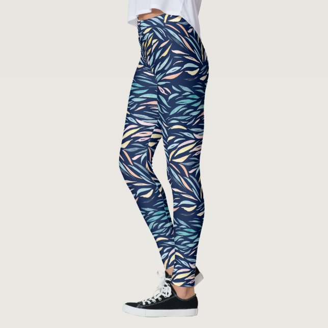 Colorful Watercolor Abstract Leaf  Pattern Leggings (Left)